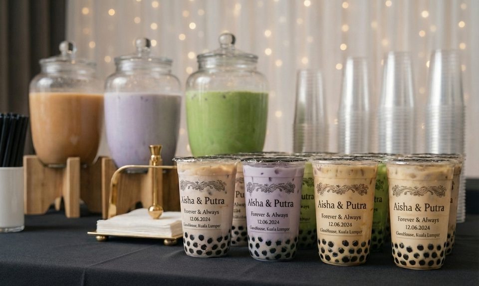 Rows of cups printed 'Aisha & Putra, Forever & Always' in front of three glass dispensers of milk tea, taro and matcha